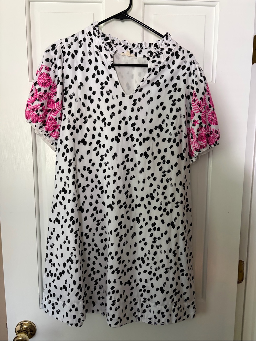 JODIFL White Dress with Black Spot Print and Pink Floral Puff Sleeves
